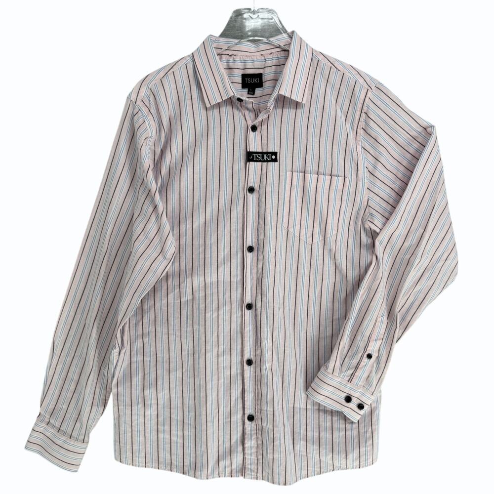 Tsuki‎ Pink Striped Cotton Mens Dress Shirt L 41/42 Long Sleeve Button-Up Turkey